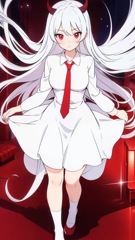 tmasterpiece，highest  quality，full body, 1girl, standing，red  eyes，white  hair, white jk dress,red tie，banya，coda