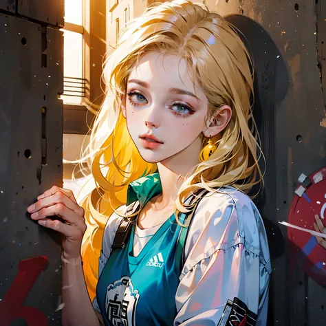 (best quality), masterpiece, 极其细致的CG8K插painting, high color, extremely high color saturation, All colors deepen, painting, graffiti art, central composition, Extremely detailed light and shadow, graffiti wall, wall paintinged bright, 1 girl graffiti 1 girl...