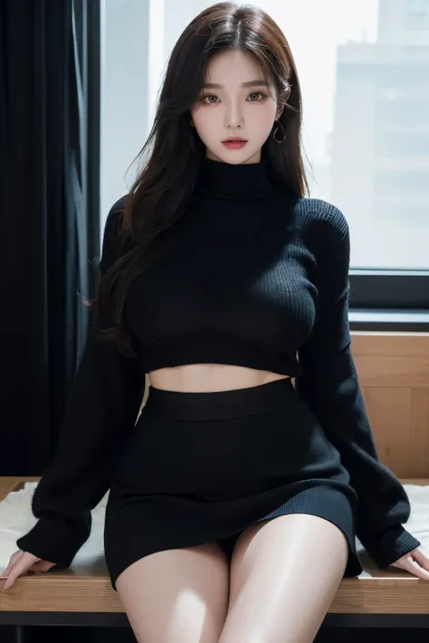 (((masterpiece))),(((high resolution)))、((beautiful woman))、(((Korean beauty)))、((beautiful woman))、(cute)、(((black knit)))、turtleneck、((mini skirt))、night、big breasts、Plump、embarrassed expression、looking at me、whole body、thighs、knees
