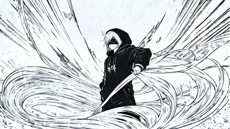 Solo, anime style male, white hair, wearing black hoodie and trourses, using blindfold, standing, hood up, long hair