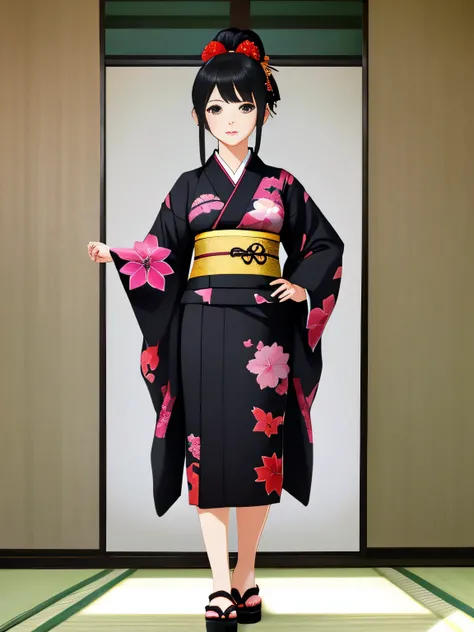 anime illustration、High resolution、Girl with black okappa hairstyle、whole body、standing pose、kimono、no background