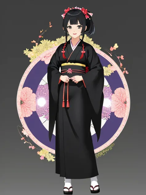 anime illustration、High resolution、Girl with black okappa hairstyle、whole body、standing pose、kimono、no background