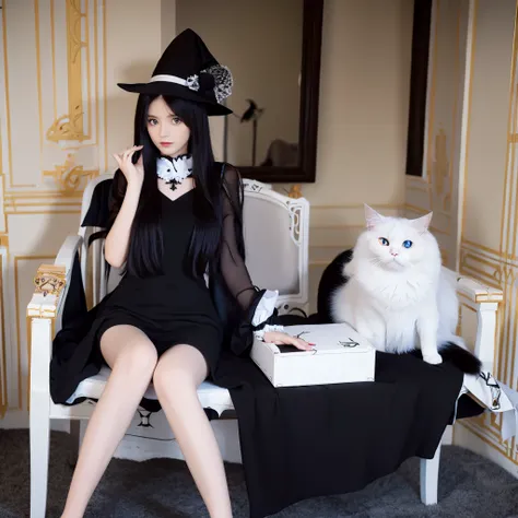 loli witch with long straight black pupils，wearing black dress，holding white cat sitting on chair