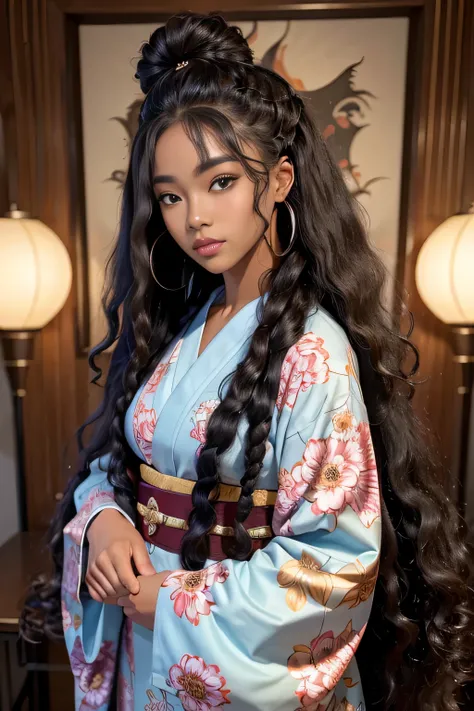 masterpiece, best quality, beautiful African and Asian mixed 19 year old, ebony skin female, long, frizzy, curly dark hair, perfect face, long hair, melanin, curly hair, wearing kimono_clothes