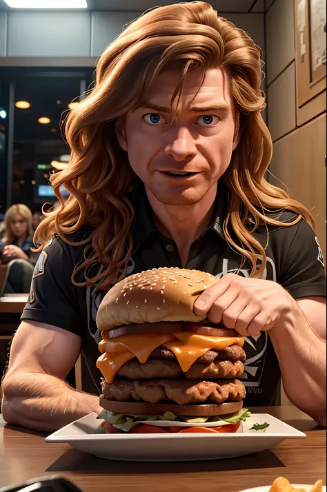 close-up photo of Dave Mustaine from Megadeth eating a burguer, cinematic, ultrarealistc, detailed