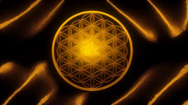 there is a golden flower of life on a dark background, flower of life, geometry and astrology, Sacred geometry pattern, Sacred geometry, overlaid Sacred geometry, an abstract spiritual background, fractal Sacred geometry, golden sacred tree, Sacred geometr...