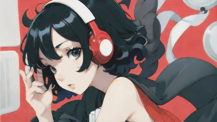 1 girl, woman, barely, captivating hair, glossy black hair, twisted crown blade,short captivating hair,white people,headphone