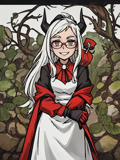 ((a woman，Glasses，Scientists，Holding a drip beaker，(maid outfit)，red cloak，Glass )),front,Half body,white hair，black devil horns，temperament，grace，Damia，Mature，gentle，kindly，happy，（Smile），Different world，middle Ages，White background