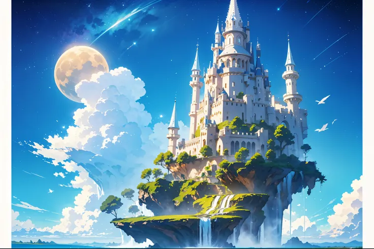 A beautiful floating island, waterfalls:1.4, water disappearing into the sky, daytime, stars clouds, moon, fantasy architecture 