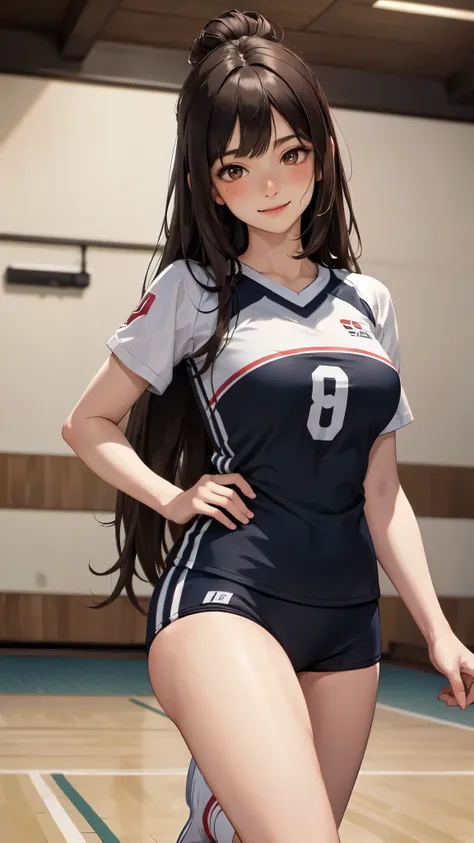 1 lady only, /(volleyball uniform/), /(dark brown hair/) bangs, blushing smile, (masterpiece best quality:1.2) exquisite illustr...