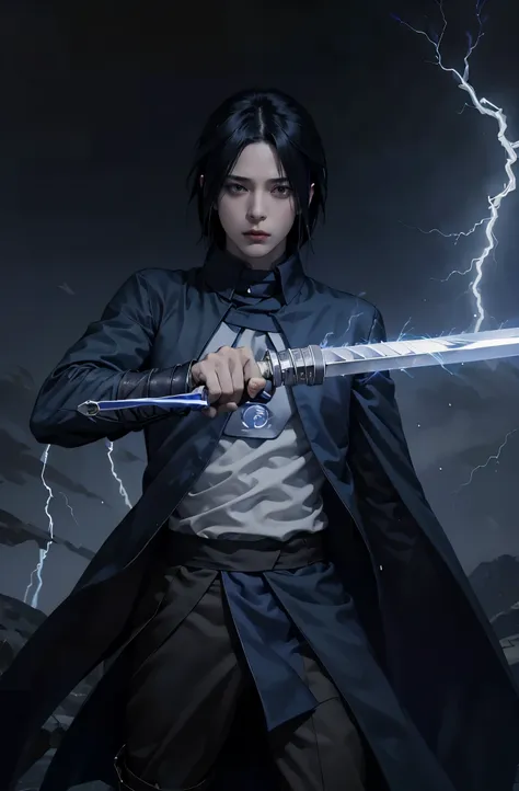 1male, sasuke uchiha holding a sword to the viewer, full body, blue lightning vfx in the sword, blue lightning , glowing blue li...