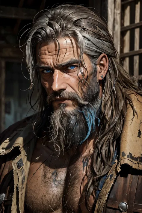 A rugged, gaunt figure, consistently clad in tattered clothing, bears the characteristic marks of a life lived in relentless struggle. His weathered, sun-beaten face is a testament to a past filled with hardships, crisscrossed with an intricate mosaic of s...