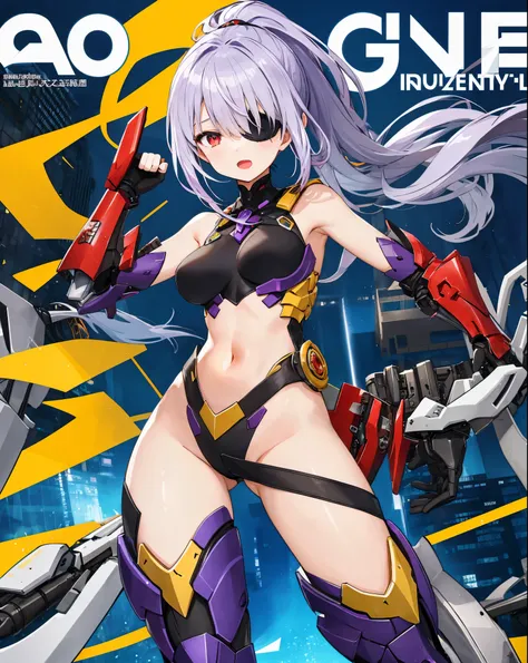 ,1girl,(teen:1.5), (short_ponytail:1.3), (light_whitish_purple_hair:1.3),black_mechanical_armor_parts,white_breasts_parts_red_black_body_suit,bare_shoulder,bare_slender_thighs,medium_breasts,city_background,Stinging_eyes,sleepy,thighhigh_greaves,gauntlets,...