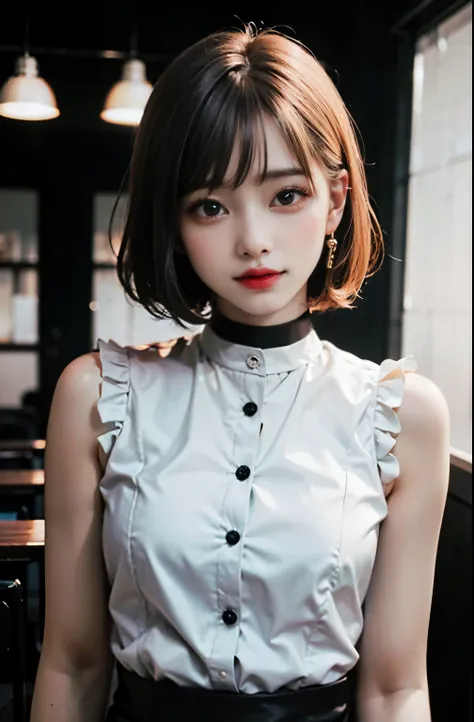 highest quality, High resolution, Blur, 1 girl, sleeveless white button shirt, black skirt, black choker, cute, (K-POPアイドル), (charming monkey:1), (black reverse bob cut, short hair:1), ((orange eyes)), looking at the viewer, whole body, facing the front, D...