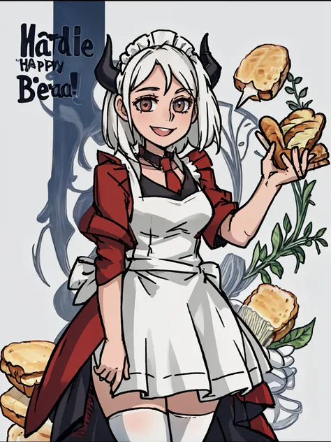 ((a woman，Obesity and，chef，holding bread wheat，(maid outfit)，red cloak )),front,Half body,white hair，black devil horns，temperament，grace，Damia，Mature，gentle，kindly，happy，（Smile），Different world，middle Ages，White background