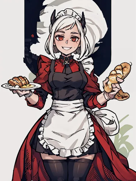 ((a woman，Obesity and，chef，holding bread wheat，(maid outfit)，red cloak )),front,Half body,white hair，black devil horns，temperament，grace，Damia，Mature，gentle，kindly，happy，（Smile），Different world，middle Ages，White background