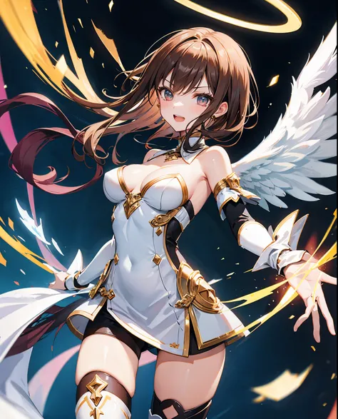 fantasy, 1angel_girl,, ,brown_hair, medium_bob_hair, long_bangs, halo,bare_shoulder,thighhighs,silver_armor, waist_armor, large_breasts,angry,grinning,open_mouth_teeth, 1pair_wings, dynamic_pose_fighting,floating, bare_crotch, headgear,gauntlet, greaves,ci...