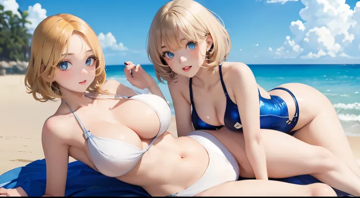 (masterpiece:1.2), (highest quality:1.2),, Curvy but slender body, perfect eyes, perfect face, perfect lighting, 2 girls, ，on the beach，（open your legs wide），（one piece swimsuit），（whole bodyのフルショット），（short hair），（smile），curly hair, fine clothes, detailed o...