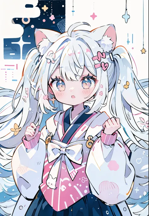 masutepiece、Masterpiece、high-level image quality、8K、kawaii(Twin-tailed、Twin tails at high)White hair、White eyes、snowy background、White coat、White muffler、White ears、Fox ears、((cat white ears))Furfur tail(The upper part of the body、)(((yuki)))