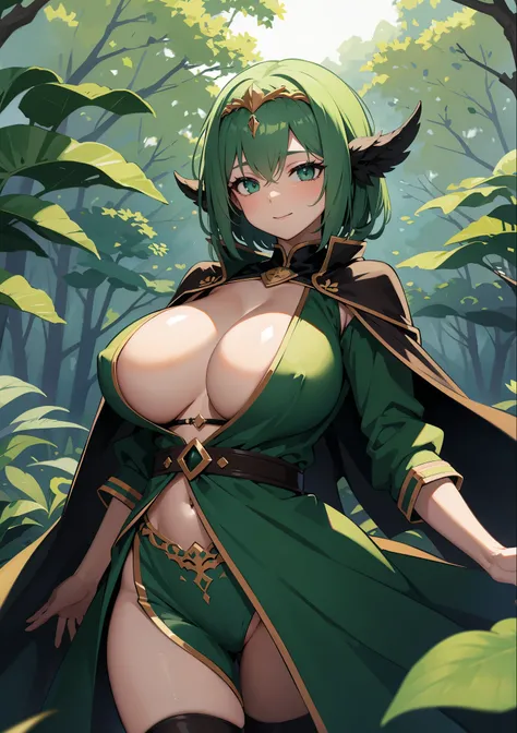 fantasy, 1forest_elemental_girl,(dark_skin:0.9), (using_leaves_clothes:1.1), green_leaves_covered_breasts, leaves_covered_pussy,covered_nipples,(gigantic_heavy_tits:1.1), walking, smile, sleepy, medium_hair, navel oil, (winding_vine_around_torso:1.1), fore...