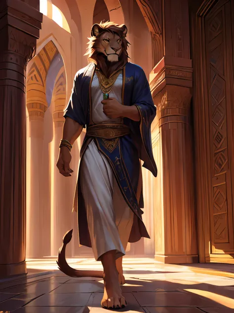 4k, ,8K, A high resolution, best quality, perfect colors, perfect shadows, perfect lighting, posted on e621, (by Chunie, by meesh, by sigma x), male, furry, Lion anthro, (Lion Tail), solo, yellow eyes, (Realistic eye details 1.2), Mosque, mens Muslim cloth...