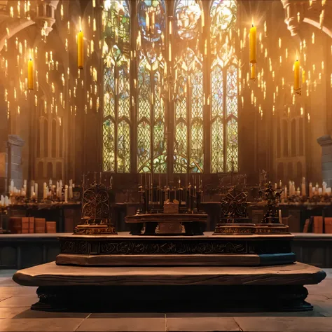 there is a large altar with candles and a stained window, hogwarts great hall, gothic epic library concept, background hogwarts, dark majestic ornate great hall, hogwarts gryffindor common room, hogwarts setting, hogwarts library, harry potter series setti...