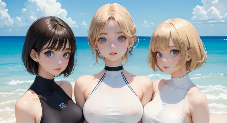 (masterpiece:1.2), (highest quality:1.2),, Curvy but slender body, perfect eyes, perfect face, perfect lighting, 2 girls, ，on the beach，（standing position），（white one piece swimsuit），（whole bodyのフルショット），（short hair），（smile），curly hair, fine clothes, detail...