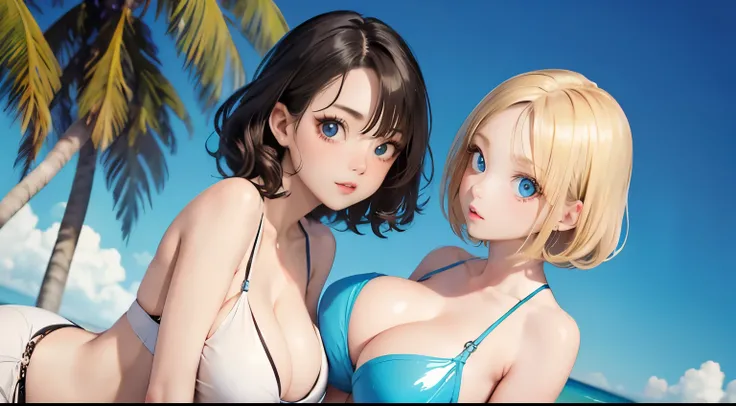 (masterpiece:1.2), (highest quality:1.2),, Curvy but slender body, perfect eyes, perfect face, perfect lighting, 2 girls, ，on the beach，（limbo dance），（one piece swimsuit），（whole bodyのフルショット），（short hair），（smile），curly hair, fine clothes, detailed outdoor b...