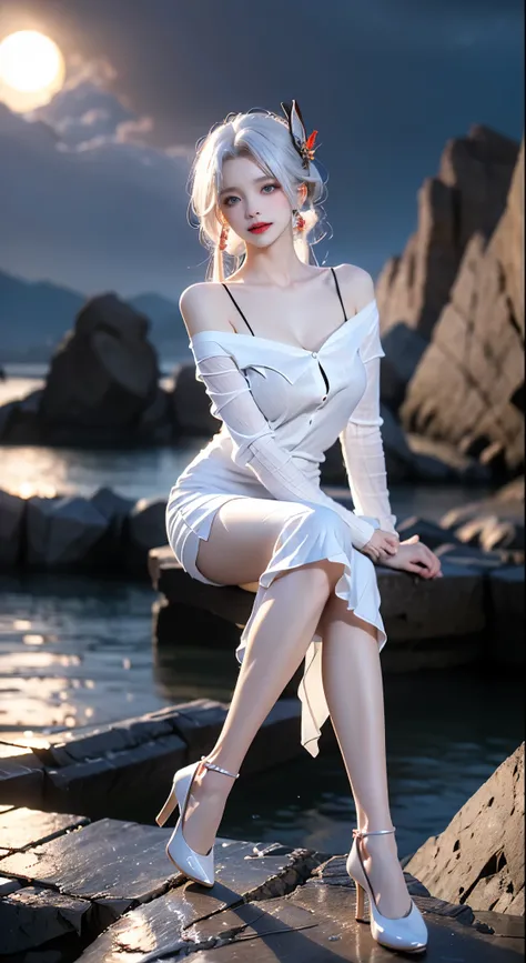 shenhe_genshin, 1girl, white hair, long hair, braided ponytail, white short shirt, long sleeves, blue long dress, high heels, ((bare shoulders)), ((whole body)), actual, fashion girl, red lips, mature women, cosmetics, big eyes, beautiful eyes, ((whole bod...