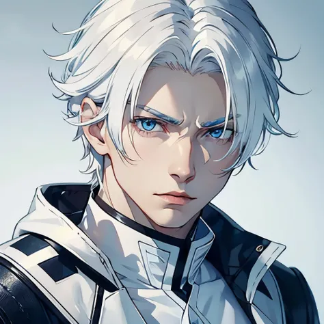 Boy, white hair, blue eyes, sharp, serious features, white skin