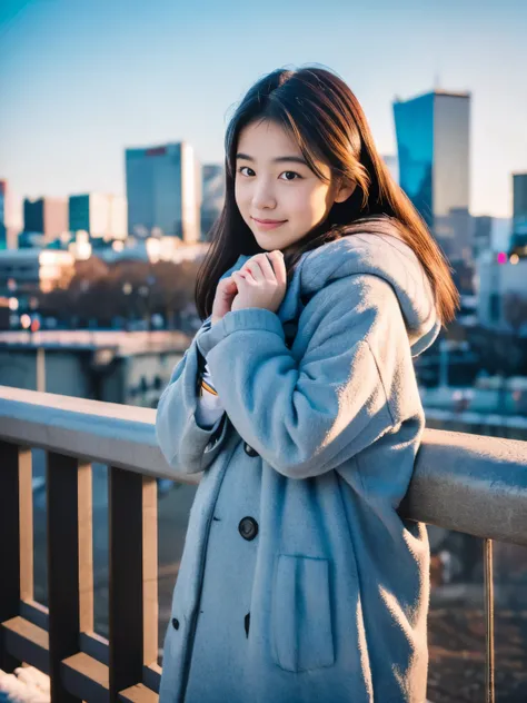 Photoreal, 8K full body portrait, Beautiful woman, attractive look, 16 years old, Tokyo city, winter, With Shibuya in the background