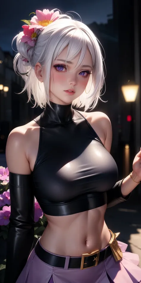 realistic, 1girl, white hair, purple eyes, glowing eyes, crop top, skirt, parted lips, blush, night, flowers, sun, sunlight,