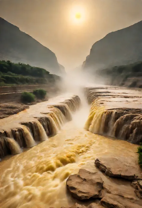 Hukou Waterfall landscape,Smoke rises from the bottom of the water,mud color,Take care of the place where the Yellow River enters the "Hukou",Rapid turbulence,Aroused water mist,soar into the sky,Steaming clouds reaching the sky,Like billowing sm...