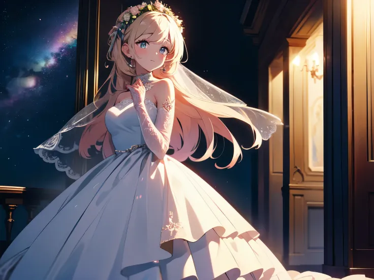 (highest quality, High resolution, masterpiece:1.2,), figure, night, 1 girl, whole body, (Wedding dress), turn your arms behind your back, Waiting for a kiss, looking at the viewer, Happy, blush,beautiful anime