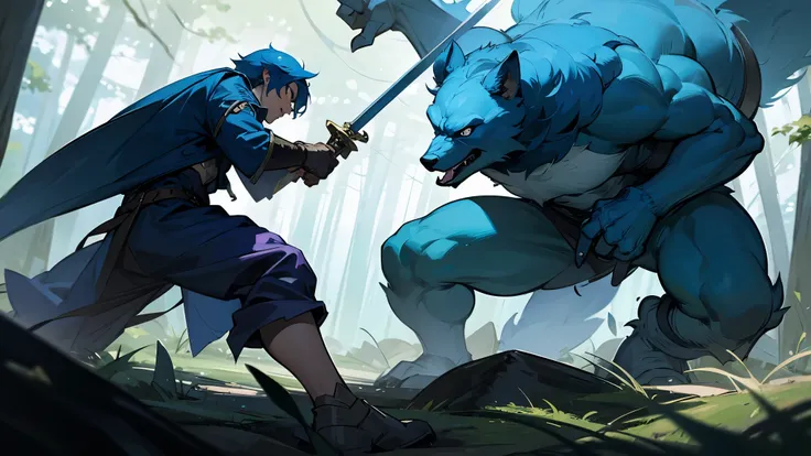 In the forest, a blue-haired human hero uses a sword and fights against a beast.
