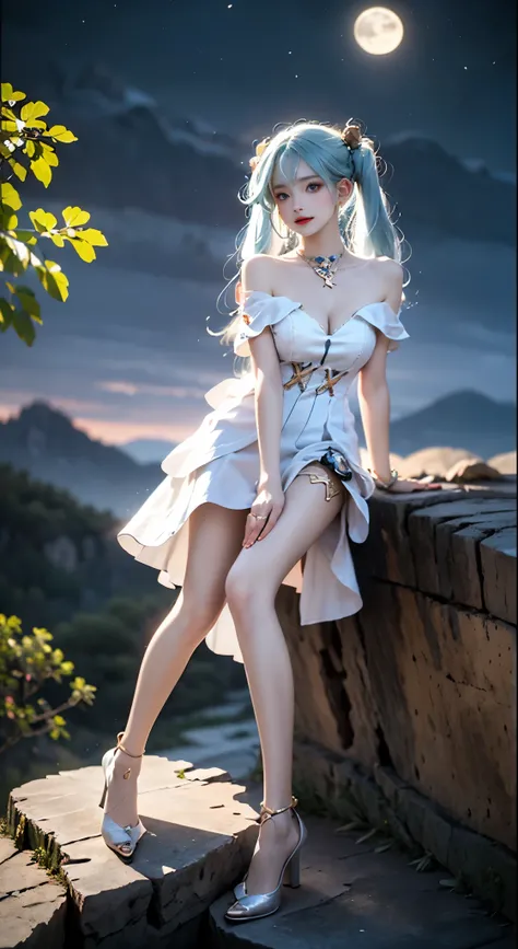 faruzan_genshin, cowboy shot, aqua hair, long hair, twin tails, x hair ornament, jewelry, white dress, dress, short sleeves, high heels, ((bare shoulders)), ((whole body)), actual, fashion girl, red lips, mature women, cosmetics, big eyes, beautiful eyes, ...