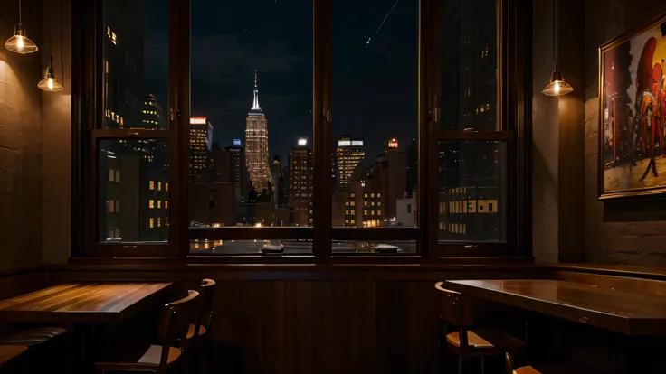 (masterpiece), new york city, best quality, bar, warm lights, jazz gorgeous, beautiful wood tables, wood windows, ((night)), perfect light, pure, divine, 4k, warm colors, good emotions, happy feelings, freedom, (dark night)