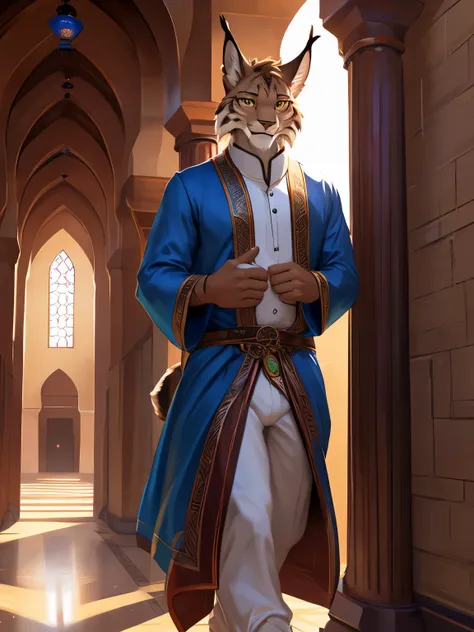 4k, ,8K, A high resolution, best quality, perfect colors, perfect shadows, perfect lighting, posted on e621, (by Chunie, by meesh, by sigma x), male, furry, lynx anthro, (lynx Tail), solo, yellow eyes, (Realistic eye details 1.2), Mosque, mens Muslim cloth...