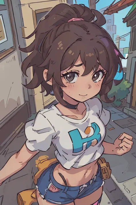 (Mejor calidad:0.8) perfect anime illustration, una bonita, happy woman with short curly brown hair on the city street, usando un vestuario punk, piel ligeramente bronceadq y oliva