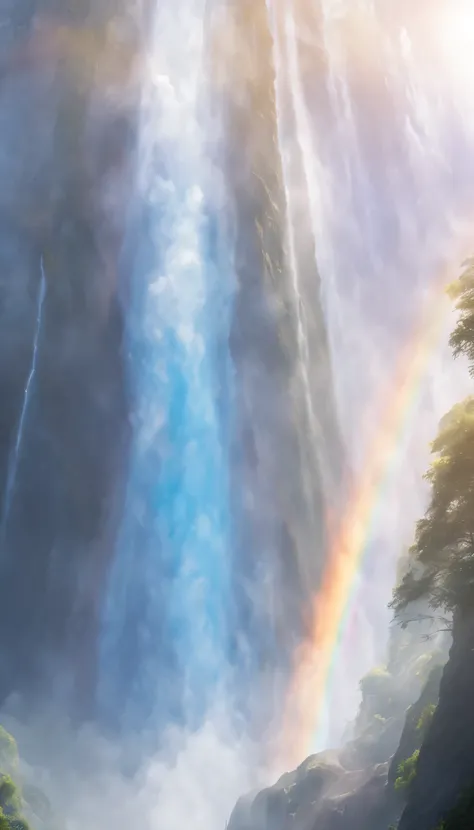 low angle view，shrouded in mist，Huge waterfall on a high mountain，water vapor rising，rainbow，sun glare spots，realistic raytracing，True light reflection，real light refraction，Ultra-fine，Surreal，Super dreamy，extreme portrayal，8k，masterpiece，