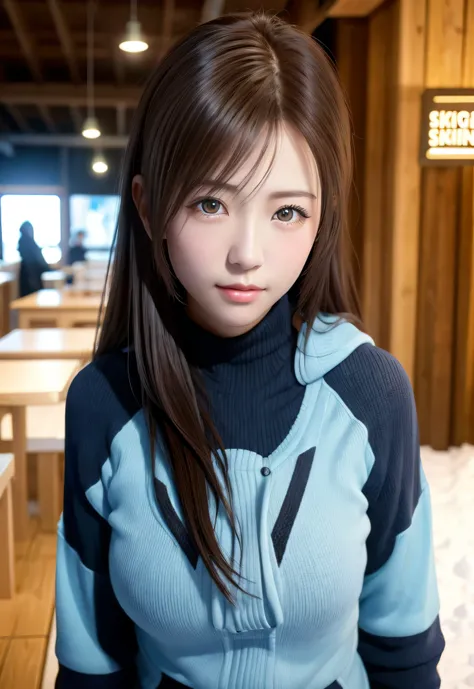 8k, top quality, table top:1.2), (realistic, Photoreal:1.37), top quality, table top, beautiful young woman, pensive expression,、attractive、and an inviting look, skiing、snowboarder、skiing wear, tie hair back, cinematic background, bright skin tone、skiing a...