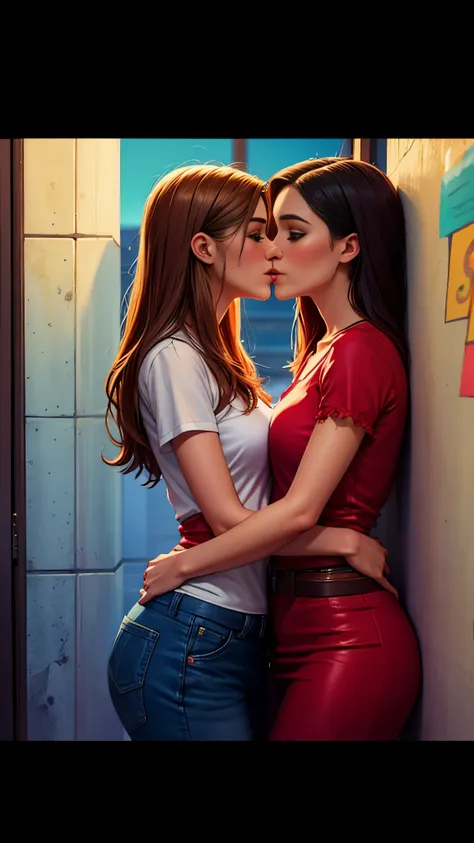 two women standing next to each other near a wall, alena aenami and lilia alvarado, lesbian embrace, lesbian kiss, two beautiful...