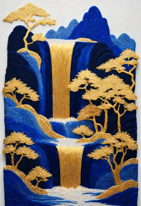 Klein Blue, Golden Blue Waterfall, Mountains, Pavilions, and Trees, Chinese Embroidery Craft, Gold Plating, Flowing Gold, Minimal Color Field, Freehand, White Space, Organic Form, Simple Blue Background,