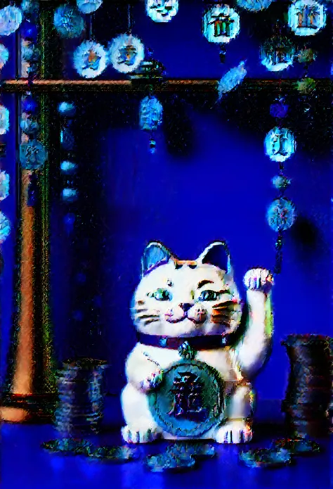 Lucky Cat，陶瓷质感Lucky Cat，可爱的胖Lucky Cat，The scene is matched with some gold coins，Model texture，Product picture effect，Picture quality: Ultra HD，4k quality，Overall warm colors，Don’t use cool colors，The picture should have a prosperous festive atmosphere