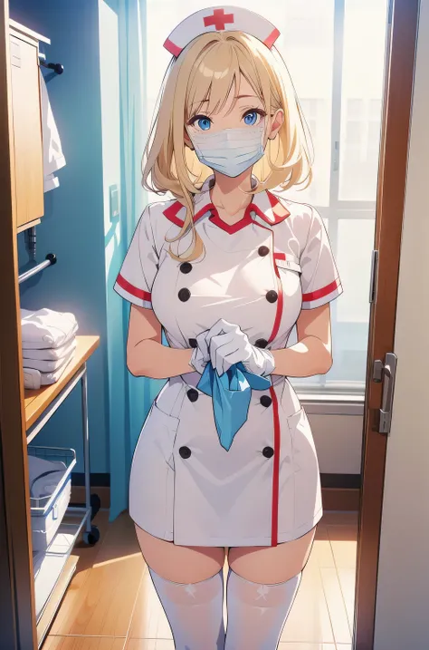 1woman, solo, nurse, nurse cap, white wear, ((white legwear, zettai ryouiki)), white gloves, blonde hair, blue eyes, ((white sur...