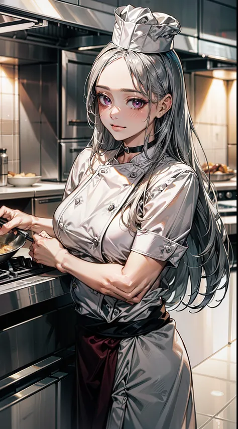 ((long hair, silver hair:1.8, chef&#39;s hatに纏めた髪:1.6)), (shining purple eyes)beautiful, beautiful woman, perfect anatomy, perfect body, perfect breasts, (Pastry chefs clothes:1.8, chef&#39;s hat:1.3, choker), (kitchen:1.6), looking at the audience while b...