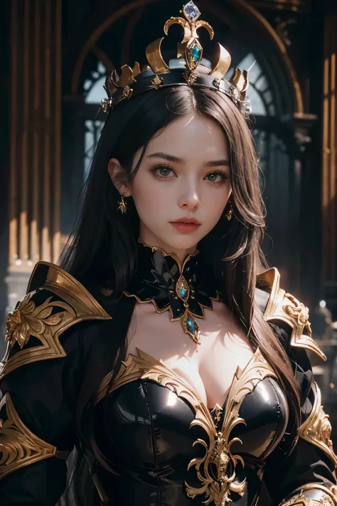 An adult woman, clad in black war armor, stands proudly in a dark, imposing mansion. The armors intricate details gleam under the dim light, reflecting her strength and resolve. Atop her head, a majestic crown adorned with precious gems rests firmly, signi...