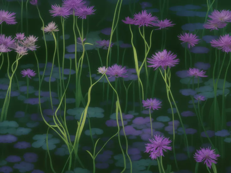 purple flowers and green leaves are in a pond of water, a gouache by Henriette Grindat, flickr, conceptual art, bioluminescent plants, dark flowers, luminescent plants, ultraviolet photography, plants growing on it. gouache, bill henson, botanical photo, p...