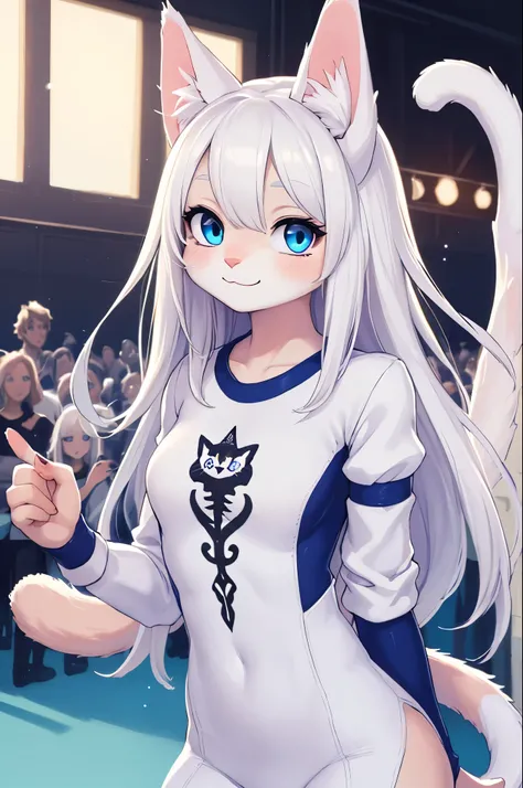 (Hi repaint)) , ((best quality)), illustration, hairy, 
Cat, animal ears, Tail, bodysuit, 1 girl, leave, Upper body, 1 girl, alone, long hair, white hair, *//*, blue eyes, *//*, White shirt, looking at the audience, Smile,