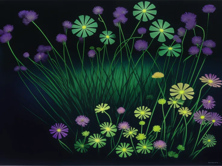 purple flowers and green leaves are in a pond of water, a gouache by Henriette Grindat, flickr, conceptual art, bioluminescent plants, dark flowers, luminescent plants, ultraviolet photography, plants growing on it. gouache, bill henson, botanical photo, p...